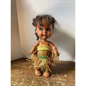 Vintage Hawaiian Hula Girl Doll Smiling Laughing Grass Skirt 70s